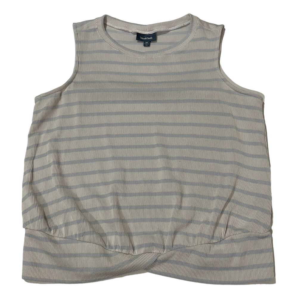 ModCloth Stripe Ribbed Twist Hem Tank - Ivory/Blue - 1X